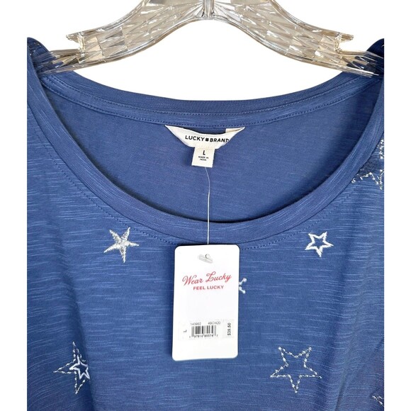 Lucky Brand Women's Short Sleeve Twist Front Top Stars Print Cotton Size L Blue - Picture 3 of 8